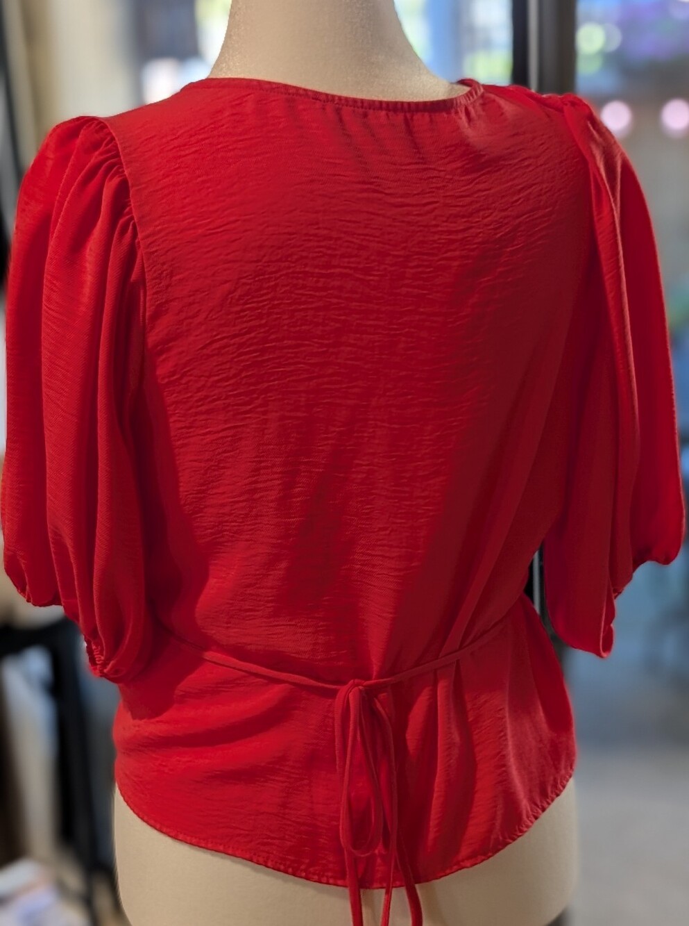 Everly Dark Coral Puff-Sleeve Tie-Back Wrap Top - Very Femme